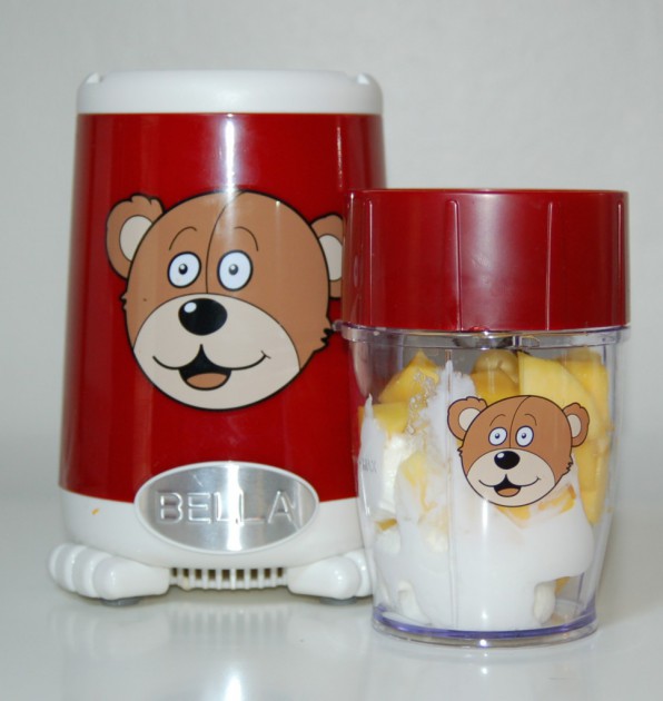 bella baby rocket blender - 2/3 cup of mangos and plain greek yogurt, about to be pureed in one...