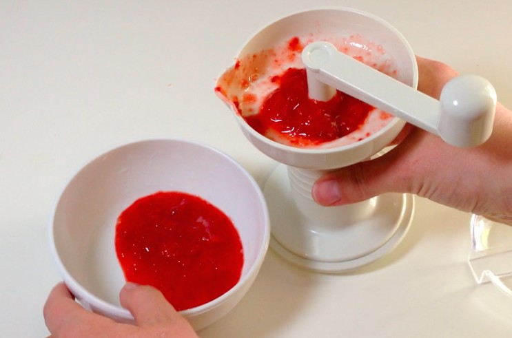 kidalog food mill grinder - approximately 1/4 cup fresh, uncooked strawberries ground in the...