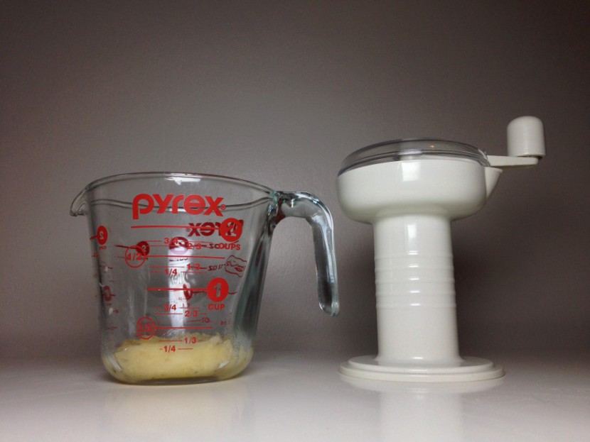 kidalog food mill grinder - here you can see the 1/2 cup of sliced banana yielded approximately...