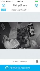 dropcam pro - the main viewing screen has icons for talk to baby feature, settings...