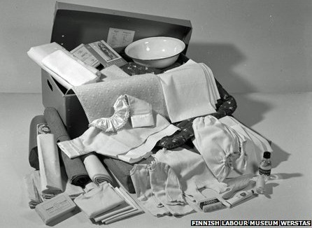 contents of finland's maternity box in the mid-1900's.