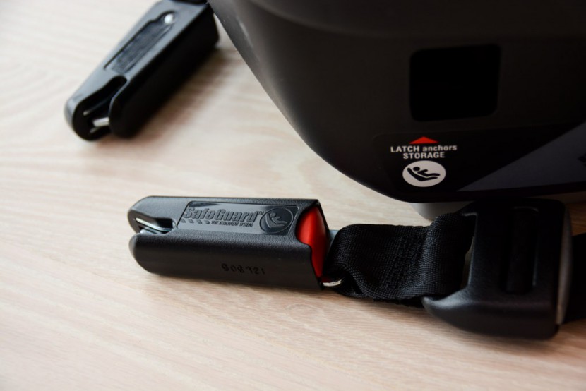 the peg perego has anchors that resemble slim seat belts that push...