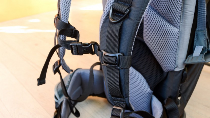 the chest clip on the deuter can move up and down for preference and...