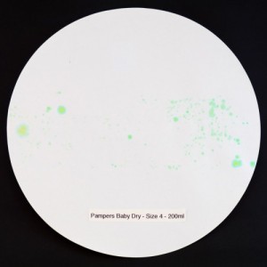 The filter paper result for Pampers Baby Dry shows less fake urine...