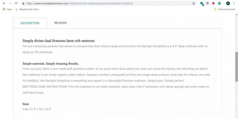 screenshot of potentially misleading language about a latex mattress...