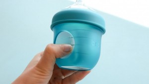 The squishy silicone drop in collapses as baby drinks from the Boon...