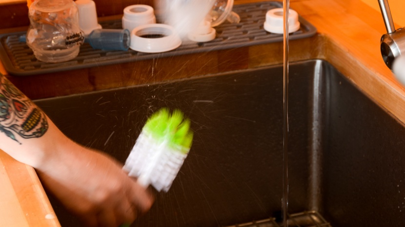 the soapy water from the brush gets flung far and wide by the extra...