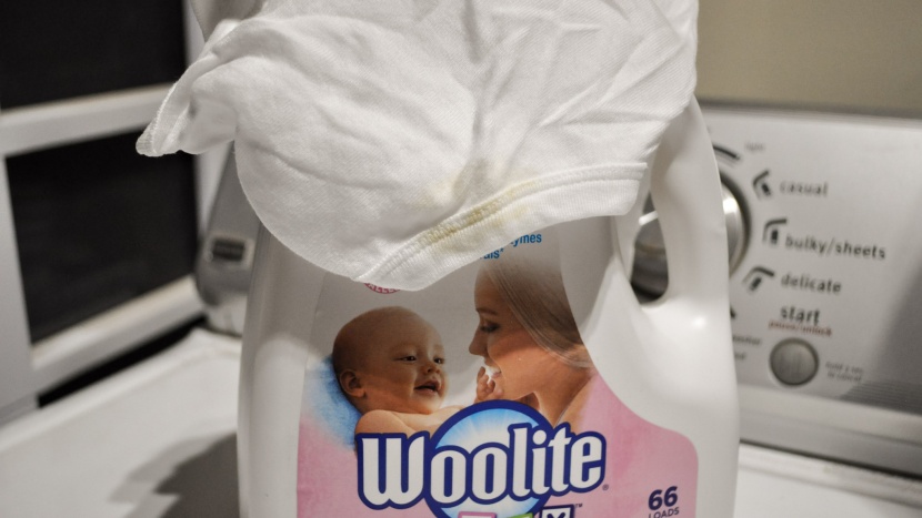 baby detergent - as the yellowish staining indicates, woolite had trouble getting poo...