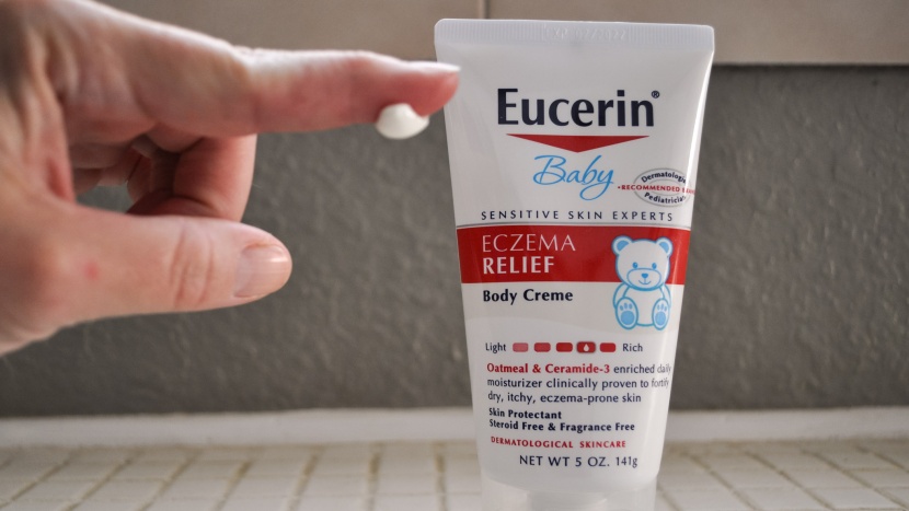 baby lotion - eucerin is a thick cream that soothes dry skin.