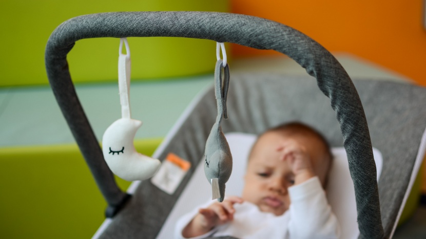 baby delight alpine deluxe - the baby delight has a removable toy bar with a few hanging toys.