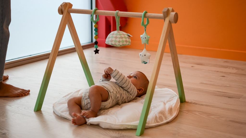 Wooden Baby Gym with 6 Baby Toys, Foldable Baby Play Gym with Rainbow Round  Mat, Play