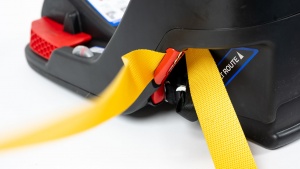 The belt lock-off on the B-Safe is a thin slit that requires pulling...