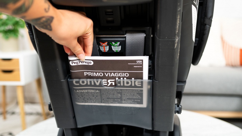 the peg seat back includes a clear compartment for the user manual.