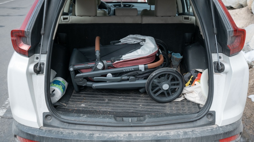 the vista v2 is somewhat large, but it fits well in our compact suv...