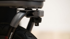 The Joovy front wheel locks in place for running or can remain...