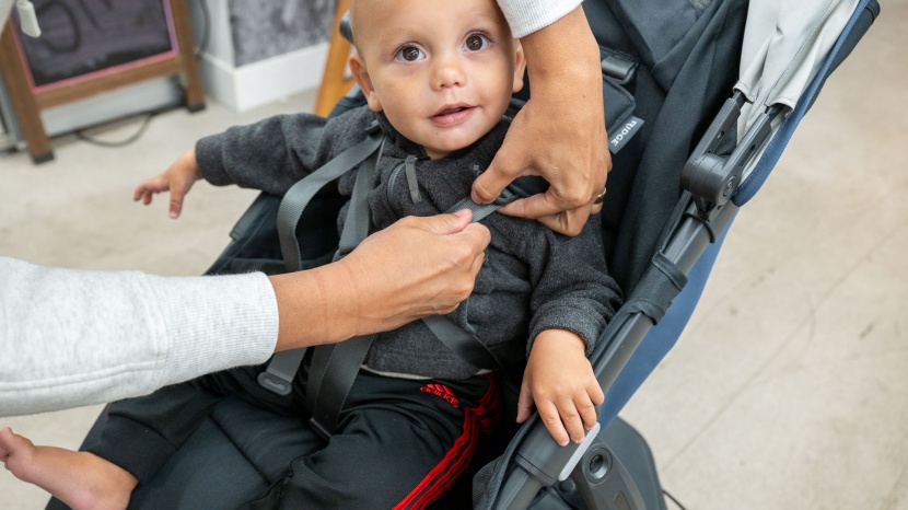 the uppababy ridge has a 5-point harness with soft materials and a...