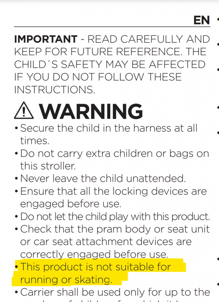 jogging stroller - this screenshot highlights the &quot;not suitable for running&quot; warning...