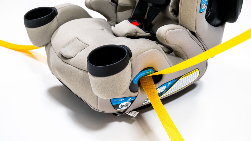 the rear-facing configuration pathway has blue sticker indicators...