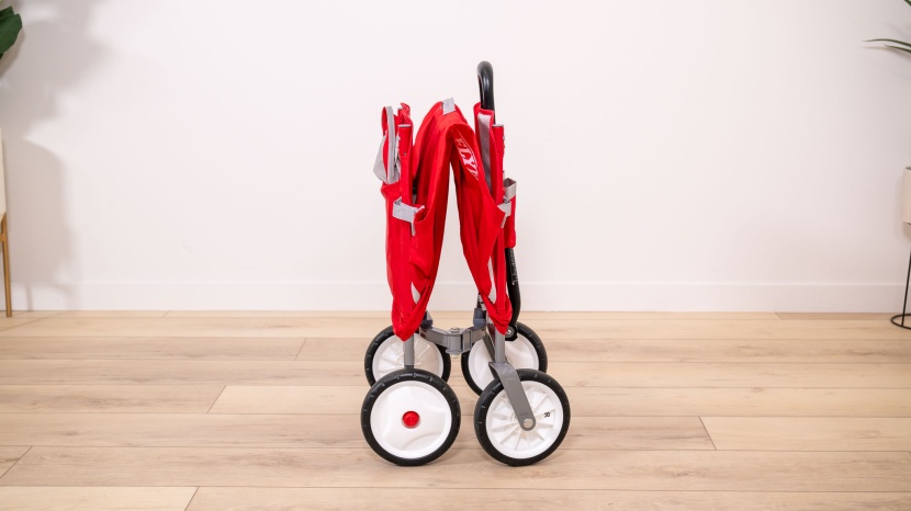 radio flyer 3-in-1 ez fold wagon - folded and standing upright, the radio flyer 3-in-1 stores neatly...