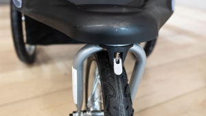 The swivel front wheel on the Expedition locks in place for jogging...